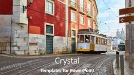  Presentation with tram - Audience pleasing slides consisting of lisbon-portugal-vintage-yellow-retro backdrop and a violet colored foreground