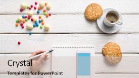  Presentation with desktop - Colorful slide deck enhanced with topic list - mock up of white smart backdrop and a soft green colored foreground