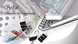  Presentation with stationary - PPT layouts having punch list - note books pens clips background and a light gray colored foreground