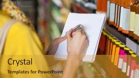  Presentation with grocery inventory - Presentation theme enhanced with list activities - woman at grocery section writing background and a gold colored foreground