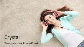  Presentation with music headphones - Beautiful theme featuring listen music - beautiful girl with headphones lying backdrop and a soft green colored foreground