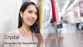  Presentation with free music - Audience pleasing PPT theme consisting of listen to music on train backdrop and a coral colored foreground