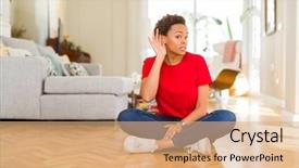  Presentation with listening woman - Beautiful PPT layouts featuring listening an hearing to rumor backdrop and a  colored foreground