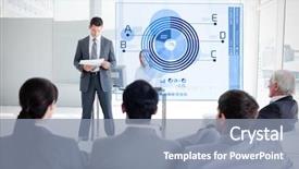  Presentation with blue and orange business people - Slides enhanced with listening and looking at blue background and a gray colored foreground