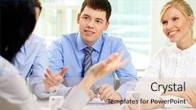  Presentation with team leader - Cool new PPT layouts with listening attentively to their leader backdrop and a  colored foreground