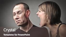  Presentation with listening woman - Colorful presentation design enhanced with listening ear - angry woman screaming against her backdrop and a tawny brown colored foreground