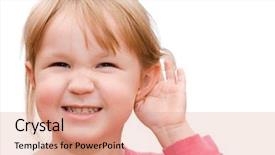  Presentation with girl - Slide deck consisting of listening ear - little girl overhears isolated background and a coral colored foreground