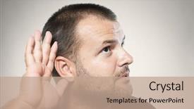  Presentation with hearing loss communication man - Colorful PPT layouts enhanced with listening ear - young man trying to hearing backdrop and a coral colored foreground