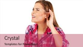  Presentation with young woman wearing boxer gloves - Theme with listening ear - young woman overhearing a conversation background and a  colored foreground