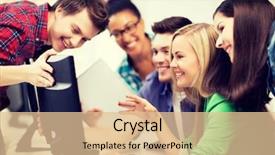  Presentation with monitor computer - Audience pleasing slide set consisting of listening learn - education concept - students looking backdrop and a  colored foreground