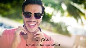  Presentation with old wite man and his music - PPT theme enhanced with listening people - attactive young man laughing background and a coral colored foreground