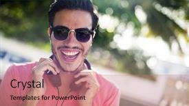  Presentation with headphones - Presentation theme enhanced with streaked orchid flowers beautiful orchid background and a gray colored foreground.