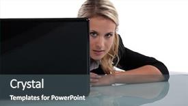  Presentation with laptop - Cool new slide deck with listening people - blond woman peering from behind backdrop and a dark gray colored foreground