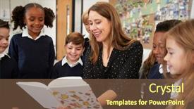  Presentation with elementary school career day and technology and black female teacher - Colorful PPT layouts enhanced with listening people - female primary school teacher reading backdrop and a tawny brown colored foreground