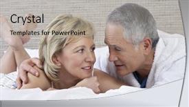  Presentation with middle ages - Slide deck having listening people - middle aged couple talking while background and a  colored foreground