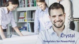  Presentation with architect - Amazing theme having listening people - smiling architect looking at camera backdrop and a lemonade colored foreground