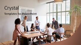  Presentation with meeting table - Theme consisting of listening people - young professionals around a table background and a mint green colored foreground