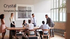  Presentation with meeting table - Slides with listening people - young professionals around a table background and a coral colored foreground