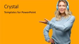  Presentation with beautiful young woman getting face - PPT layouts having listening to music holding something background and a light gray colored foreground