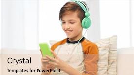  Presentation with black children and technology - Slide set featuring listening to music or play background and a  colored foreground