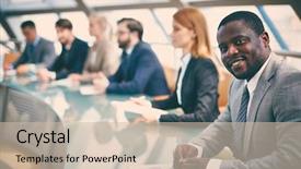  Presentation with listening - Cool new slide set with planning session - row of business people listening backdrop and a soft green colored foreground