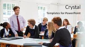  Presentation with teacher and students - Audience pleasing PPT layouts consisting of listening to teacher in art backdrop and a white colored foreground