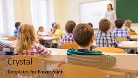  Presentation with back school education - Audience pleasing theme consisting of listening to teacher in classroom backdrop and a gold colored foreground