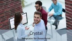  Presentation with young business people - Cool new theme with listening to young man explanation backdrop and a light blue colored foreground