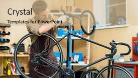  Presentation with music headphones - Slide deck consisting of listning skill - bearded young mechanic wearing apron background and a  colored foreground