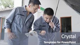  Presentation with engine - Beautiful PPT layouts featuring listning skill - mechanic listening to engine backdrop and a gray colored foreground