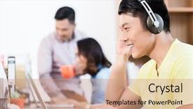  Presentation with headphones - Cool new PPT layouts with listning skill - side view portrait backdrop and a coral colored foreground