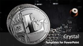  Presentation with crypto money - Audience pleasing presentation consisting of lite - litecoin laying on computer motherboard backdrop and a dark gray colored foreground