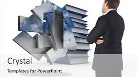  Presentation with stack books - Slides featuring literacy center - thinking businessman against stack background and a  colored foreground