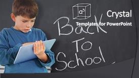  Presentation with back school - Presentation theme having literacy text messaging - cute boy using tablet background and a dark gray colored foreground