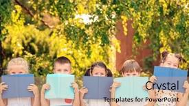  Presentation with children books - Beautiful presentation featuring literary - cute little children reading books backdrop and a coral colored foreground
