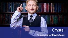  Presentation with many old books - Slide set enhanced with literary - portrait of a smart boy background and a navy blue colored foreground