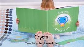  Presentation with child girl reading a book - Slide set with literatura - little cute girl reading book background and a  colored foreground