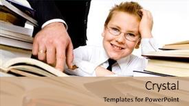  Presentation with many old books - Beautiful presentation featuring children s literature - man's hand pointing to school backdrop and a coral colored foreground