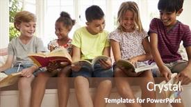  Presentation with children literature - Presentation theme with literature child - group of multi-cultural children reading background and a tawny brown colored foreground