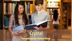  Presentation with library - Audience pleasing theme consisting of literature review - smart students reading a book backdrop and a tawny brown colored foreground