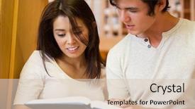  Presentation with library - Slides having literature review - young students looking background and a lemonade colored foreground