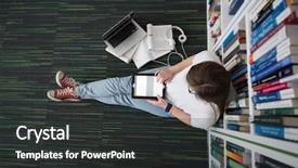  Presentation with music school - Slide deck featuring female student study in school library using tablet and searching for information s on internet listening music and lessons on white headphones background and a dark gray colored foreground