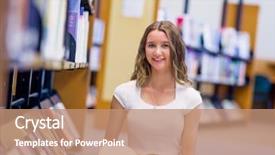  Presentation with books - Audience pleasing slides consisting of textbook science - happy female student holding books backdrop and a  colored foreground
