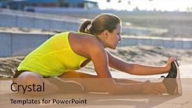  Presentation with music and athletic training - PPT theme featuring lith - athletic woman stretching her hamstrings background and a coral colored foreground