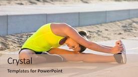  Presentation with flexible - Slides with lith - young flexible woman stretching her background and a coral colored foreground