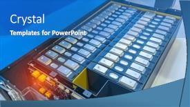  Presentation with electric car battery - Theme consisting of lithium-battery-pack-module background and a teal colored foreground
