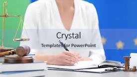  Presentation with judge gavel or law mallet - Cool new PPT layouts with litigation hold - female judge working with documents backdrop and a light blue colored foreground