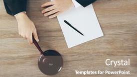  Presentation with judge gavel or law hammer - Beautiful theme featuring litigation hold - judge hitting gavel at wooden backdrop and a coral colored foreground