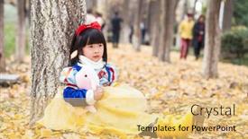  Presentation with white snow - Audience pleasing slides consisting of little asian girl dress in snow white costume in forest during halloween backdrop and a yellow colored foreground