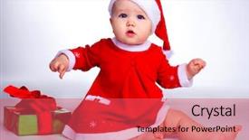  Presentation with baby christmas - Theme with little baby dressed as santa sitting on the floor with christmas presents background and a red colored foreground